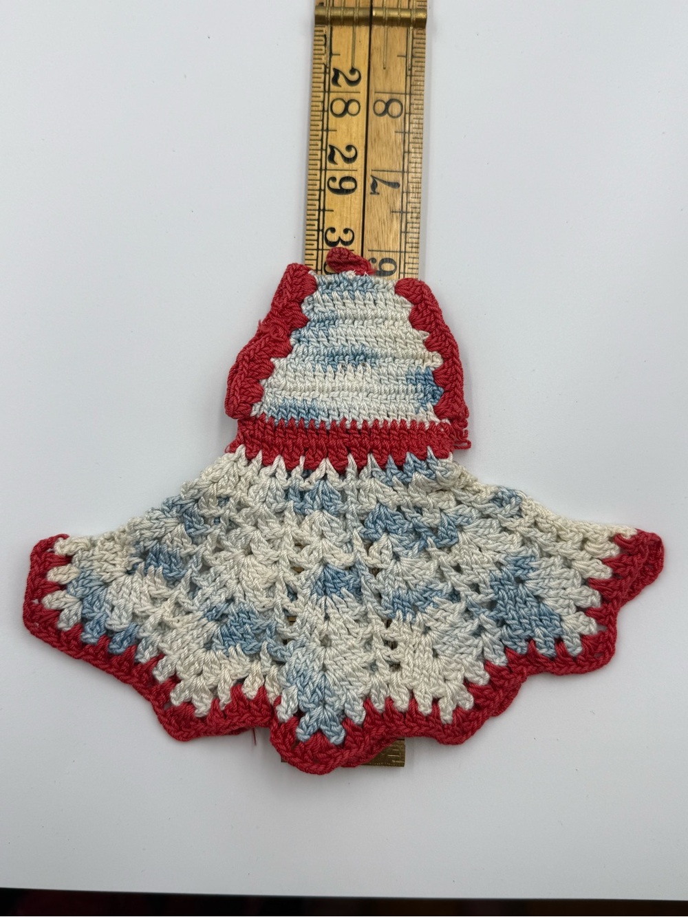 Handmade Crochet Doll Dress - Cream, Light Blue & Red Trim